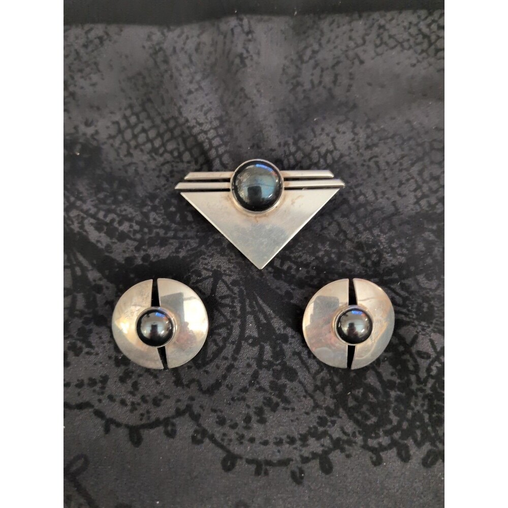 Set Sterling Silver Onyx Modernist Brooch Earrings Art Deco Vibe No Markings